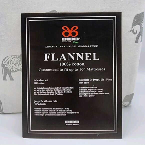 BIBB Home Twin Size Ivory Cotton Flannel Sheet Set of 3pc With Gray Elephants - Picture 4 of 16